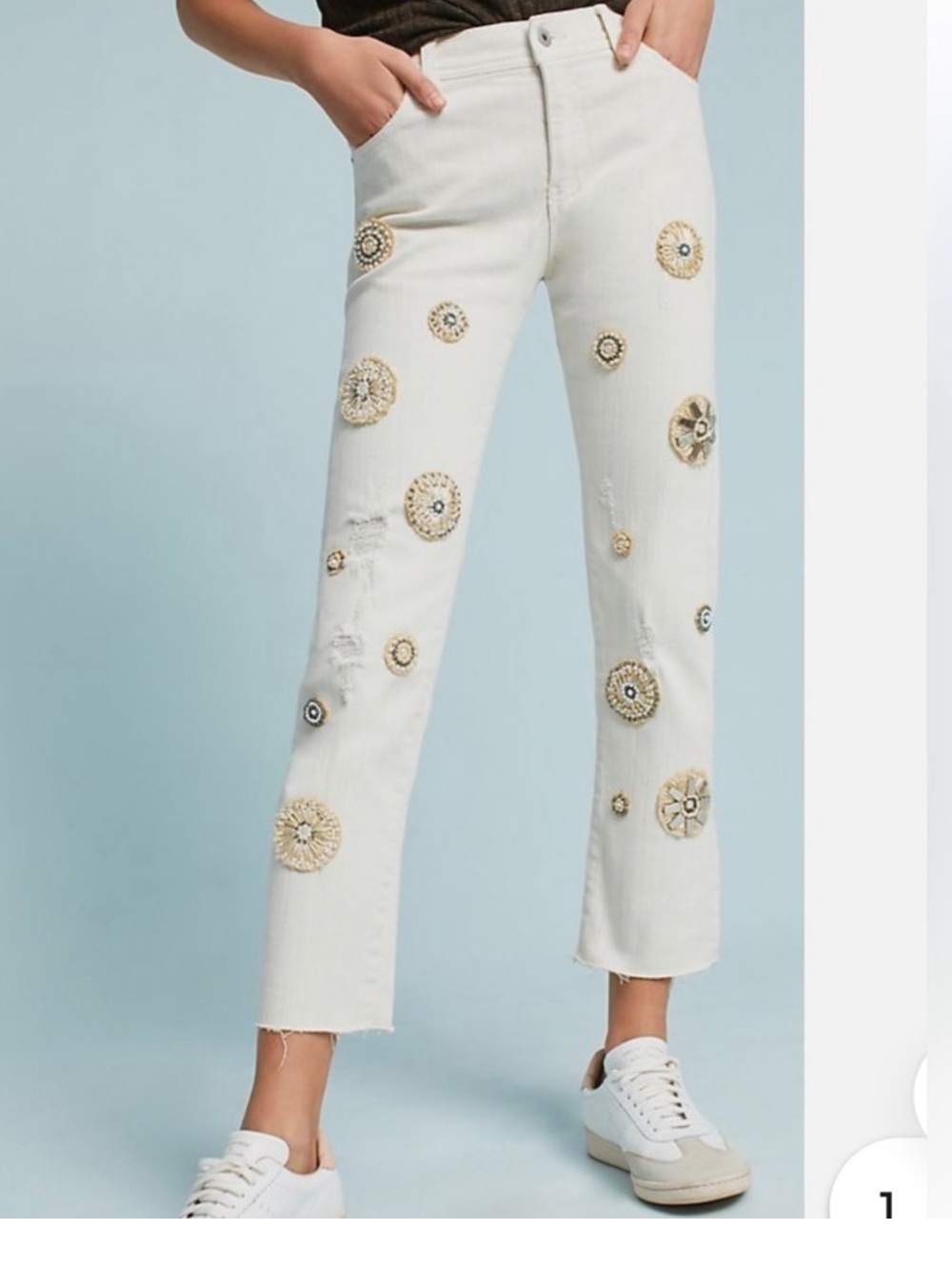 Anthropologie Pilcro White Slim straight jeans beaded Floral cropped Size 31